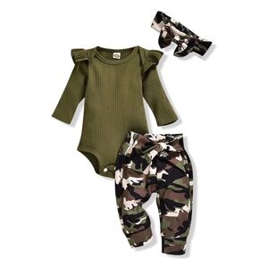 Green Ruffled Onesie with Camouflage Pants and Headband